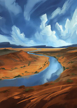 River Through Arid Landscape Painting