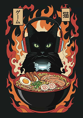 Gamer Cat Eating Spicy Ramen - Japanese Anime Style Gaming Wall Art