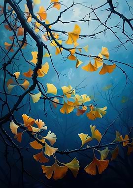 Ginkgo Leaves on Branches, Blue Background