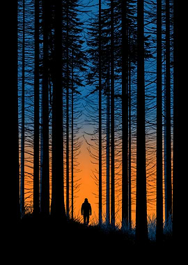 Silhouette in Forest at Sunset