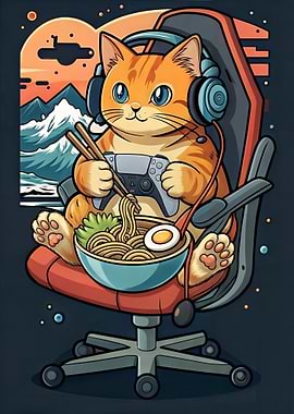Gamer Cat Eating Ramen Gaming