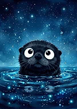 Otter in Water, Starry Night
