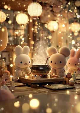 Cute Rabbits Cooking Hot Pot