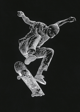 Skateboarder in Action - White on Black