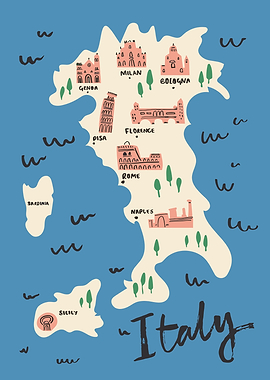 Illustrated Map of Italy with Landmarks