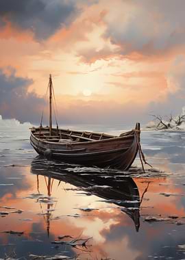 Boat on Calm Water at Sunset