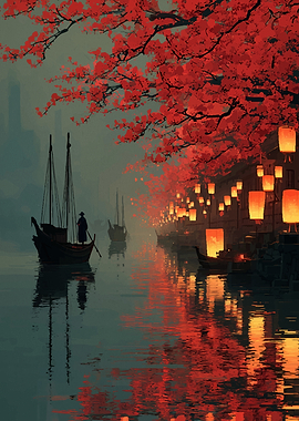 Japanese River Scene with Lanterns
