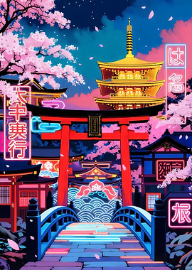 Japanese Temple with Cherry Blossoms