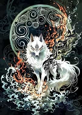 Mystical White Fox with Ornate Background