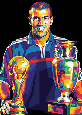 Zinedine Zidane with trophies, pop art