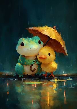 Frog and Duckling Under Umbrella in Rain