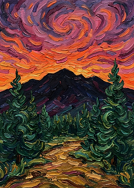 Impasto Mountain Landscape at Sunset