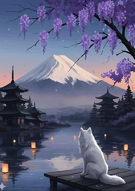 White Wolf Gazing at Mount Fuji
