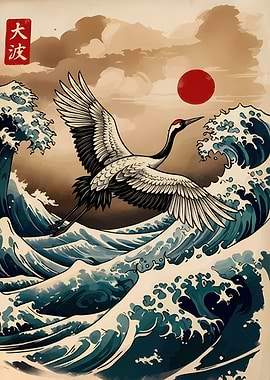 Japanese Crane Flying Over Waves Art