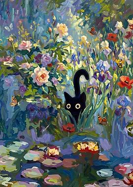 Black Cat in Floral Garden Painting