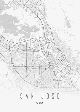 San Jose, California - Downtown City Streets Map Poster, USA Modern Wall Art
