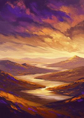 Golden River Valley Landscape Painting