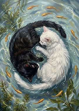 Yin Yang Cats and Goldfish Painting