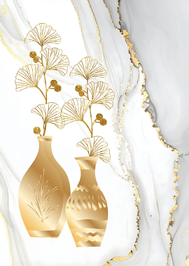 Golden Vases with Ginkgo Leaves Art