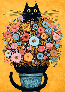 Floral Cat in Pot Illustration