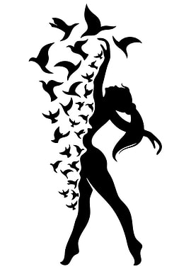 Silhouette of Woman with Birds