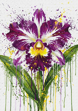 Watercolor Orchid with Splatter Effect