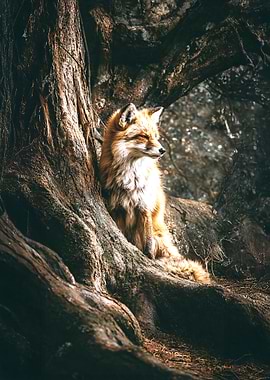 Fox resting by a tree trunk