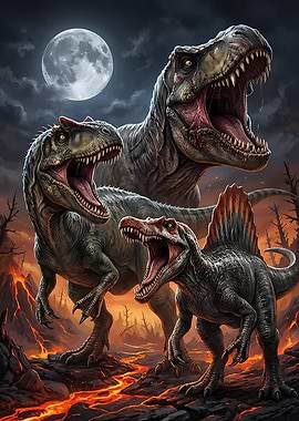 Three Dinosaurs in Volcanic Landscape