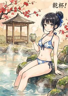 Anime Girl in Onsen with Tea