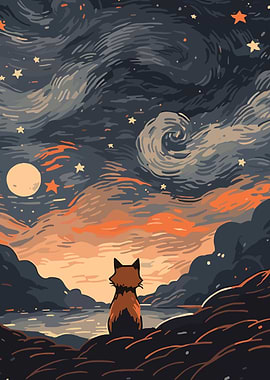Fox Gazing at Starry Night Sky