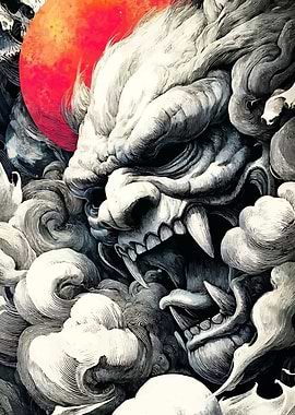 Komainu Guardian Dog with Red Moon