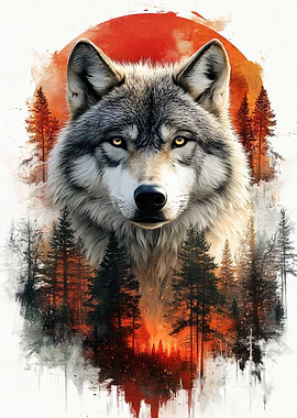 Wolf Portrait with Forest and Sunset