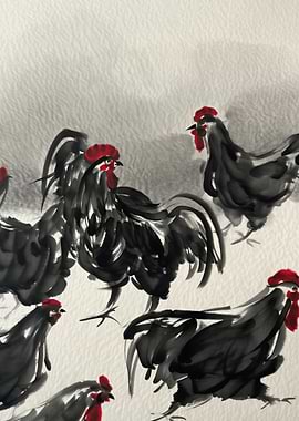 Ink Painting of Roosters
