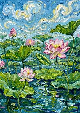 Lotus Pond Impressionist Painting