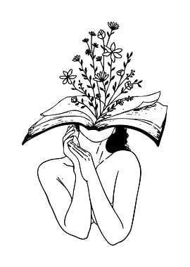 Book, Flowers, and Woman Line Art