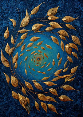 Golden Leaves Spiral on Blue Background