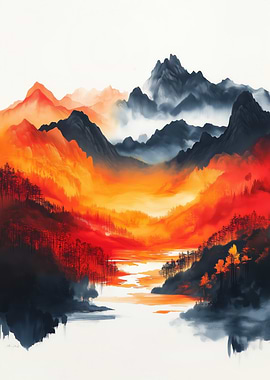 Fiery Mountain Landscape Watercolor Painting