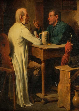 Two Men in Conversation at Table