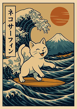 Cat Surfing Japanese Wave Art