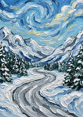 Winter Mountain Road Impressionist Painting
