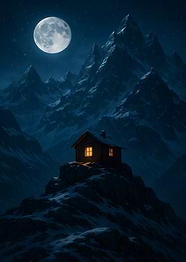 Cabin under the moonlight in mountains