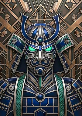 Blue Art Deco Samurai Warrior