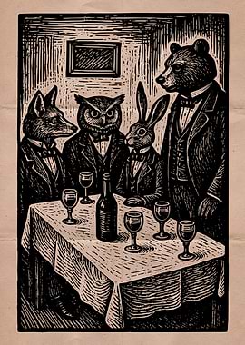 Anthropomorphic Animals Dinner Party Woodcut
