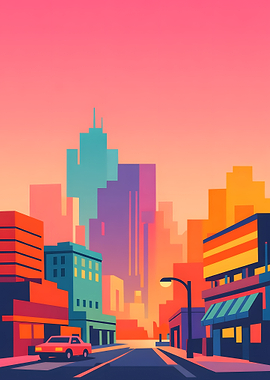 Colorful Cityscape Illustration with Car