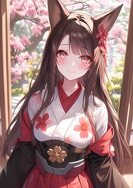 Akagi Anime Girl Fox Ears Kimono