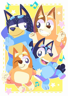Bluey and Family Cartoon Illustration