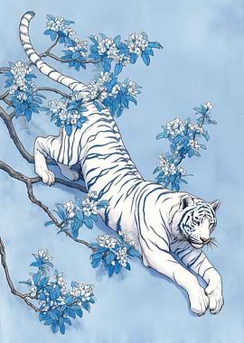 White Tiger in Blue Blossom Tree