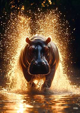 Hippopotamus Emerging from Water with Splashes