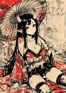 Anime Demon Girl with Parasol