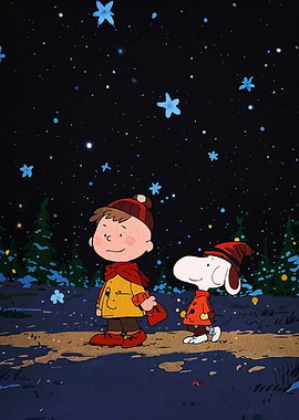 Charlie Brown and Snoopy under stars